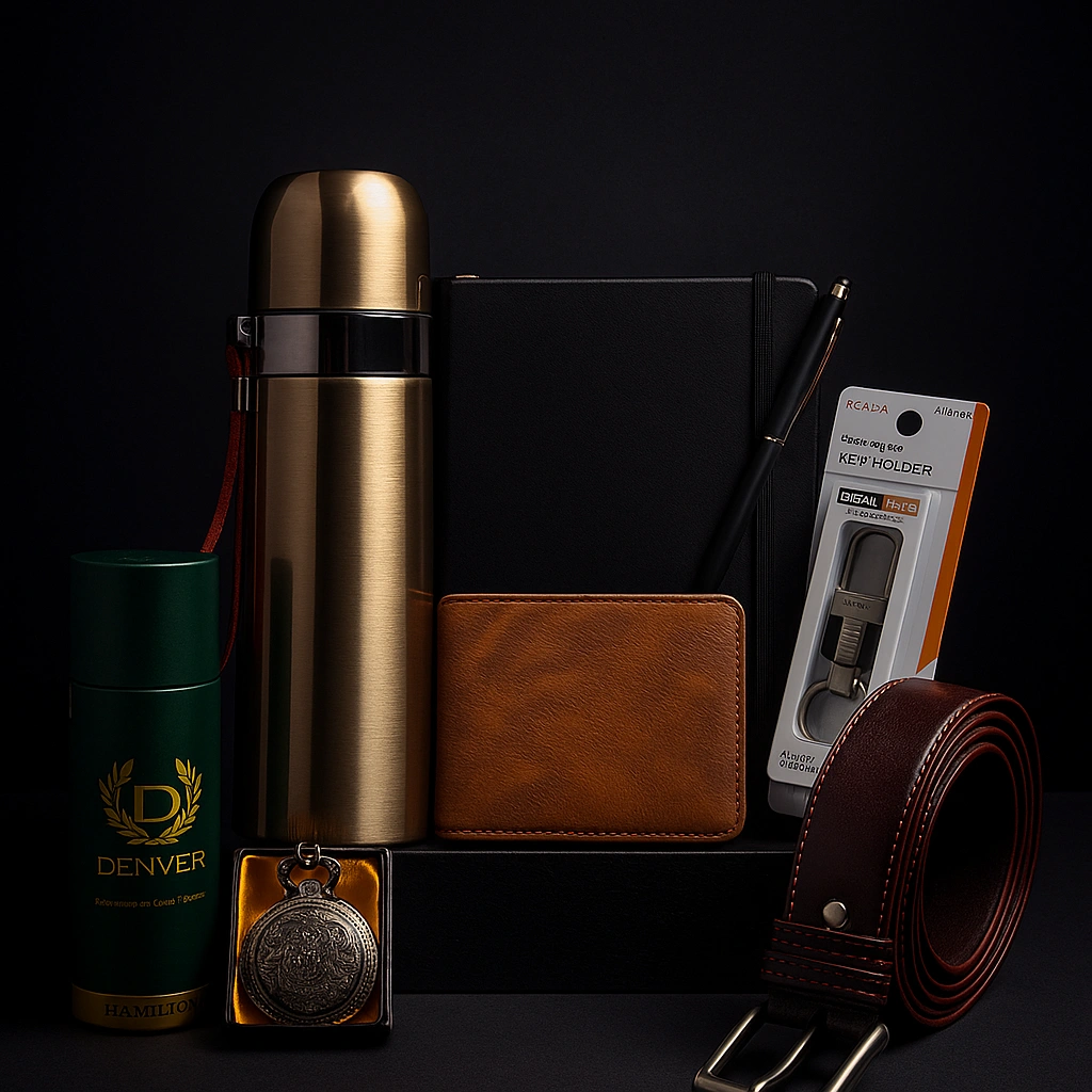 Premium Luxury Signature Men’s Gift Box – Wallet, Premium Bottle, Belt, Chain Watch, Diary, Pen, Keychain & Denver Perfume (8-in-1)