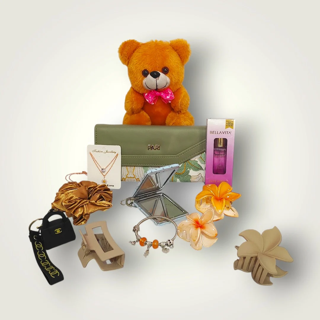 WrapNkit Signature Women's Gift Hamper with Hair Accessories, Wallet, Perfume, Bracelet, Compact Mirror & Teddy (Copy)