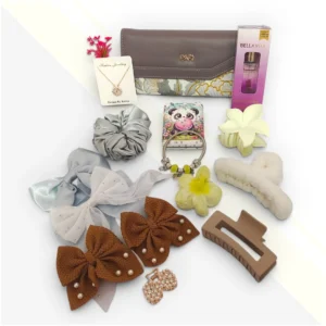 Premium Women's Gift Hamper with Hair Clips, Compact Mirror, Wallet, Perfume, Bracelet & Chain