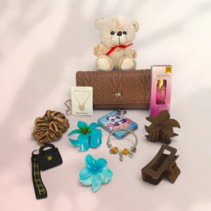 WrapNKit Signature Women's Gift Hamper with Hair Clips, Chain, Keychain, Compact Mirror, Perfume, Wallet, Bracelet & Teddy