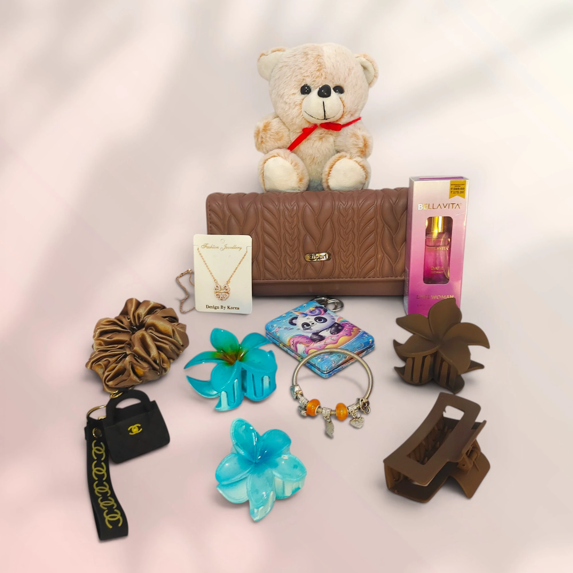 WrapNKit Signature Women's Gift Hamper with Hair Clips, Chain, Keychain, Compact Mirror, Perfume, Wallet, Bracelet & Teddy