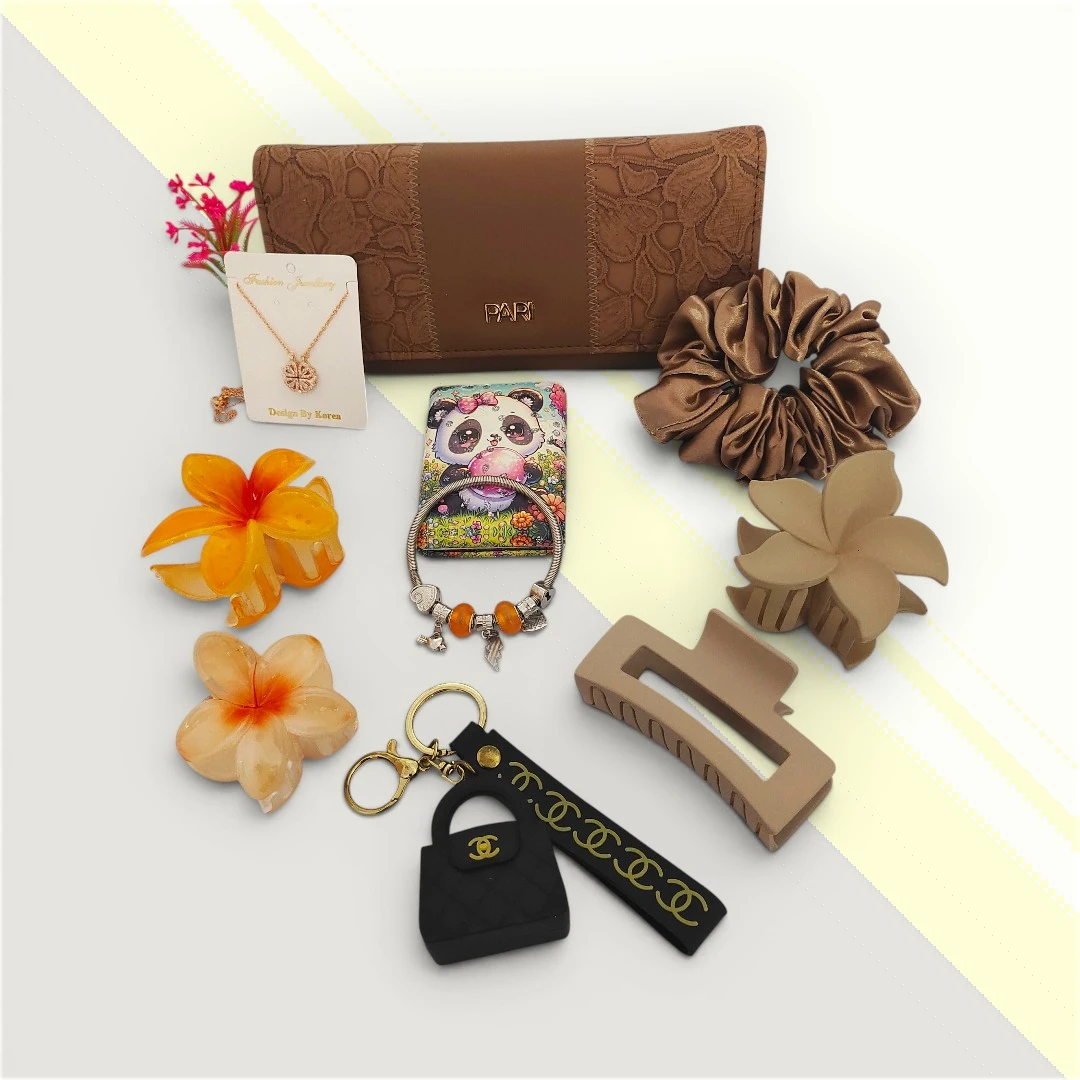 Classic Women's Accessories Gift Hamper with Hair Clips, Chain, Keychain, Compact Mirror, Wallet & Bracelet