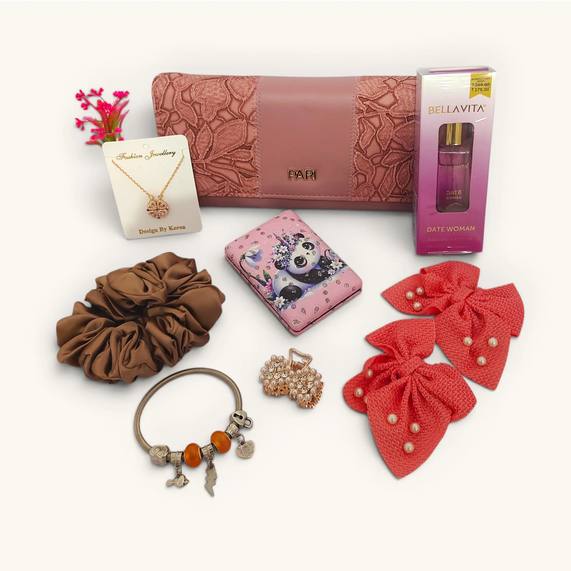 Luxe Women's Gift Hamper with Hair Clips, Chain, Compact Mirror, Wallet, Perfume & Bracelet