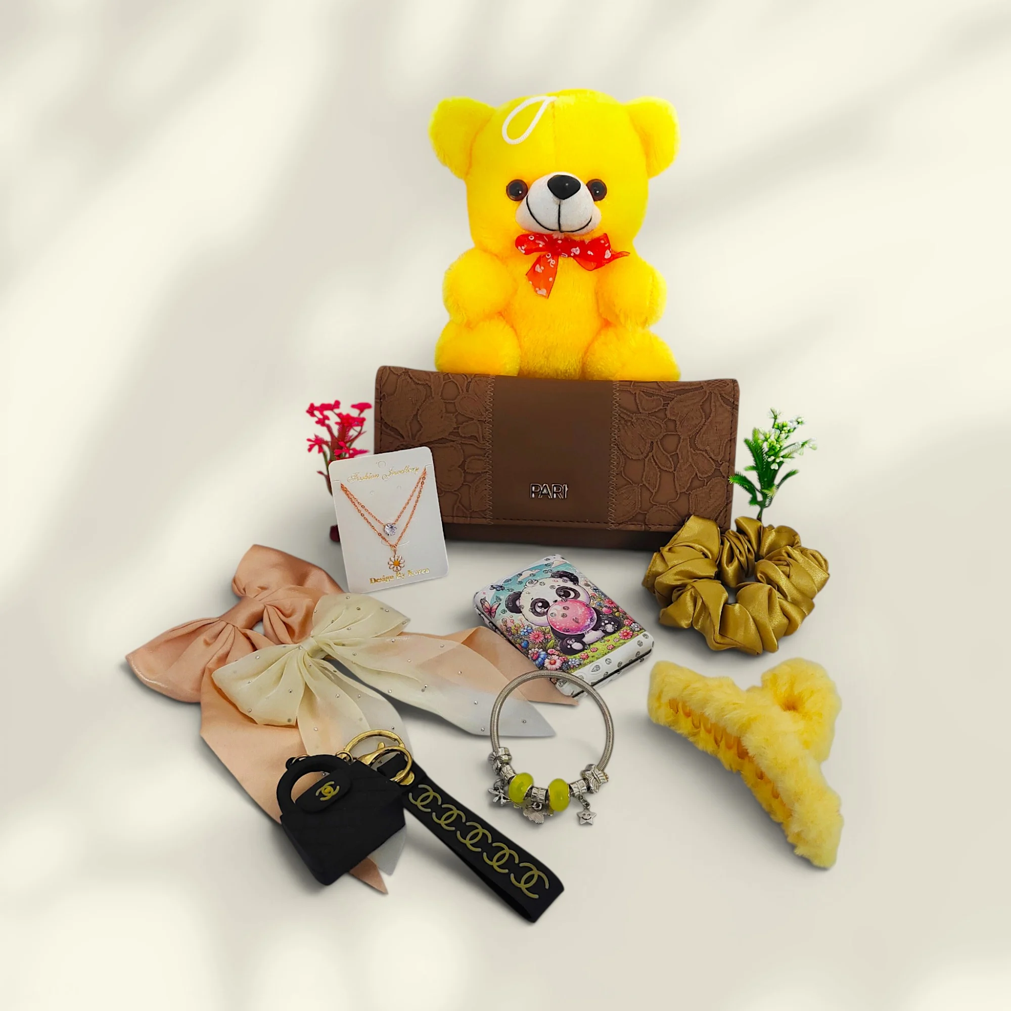 Celebration Women's Gift Hamper with Hair Clips, Chain, Keychain, Compact Mirror, Wallet, Bracelet & Teddy