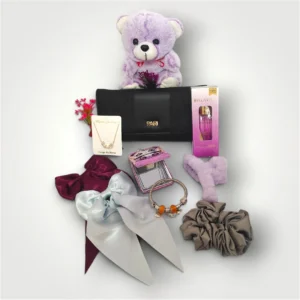 Grace Women's Gift Hamper with Hair Clips, Chain, Compact Mirror, Wallet, Perfume, Bracelet & Teddy