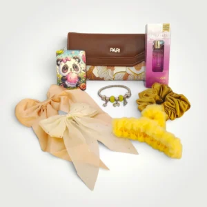 WrapNKit Elegant Women's Gift Hamper with Hair Clips, Compact Mirror, Wallet, Perfume & Bracelet
