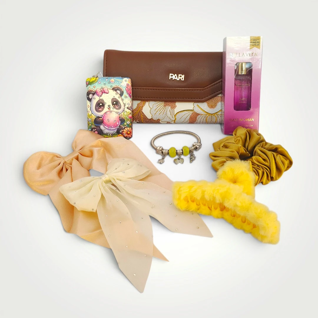 WrapNKit Elegant Women's Gift Hamper with Hair Clips, Compact Mirror, Wallet, Perfume & Bracelet